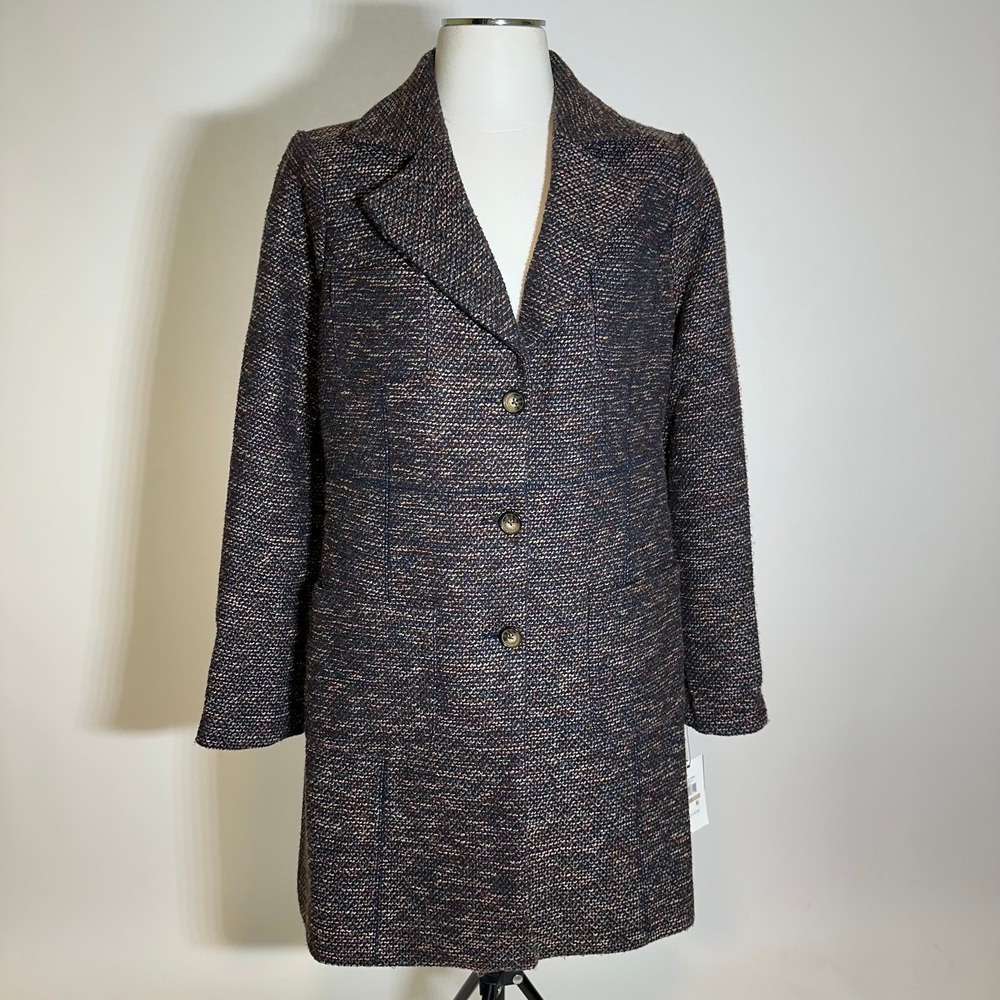 NWT DKNY Textured Tweed Boucle Button Longline Coat Jacket Winter Womens Size 12